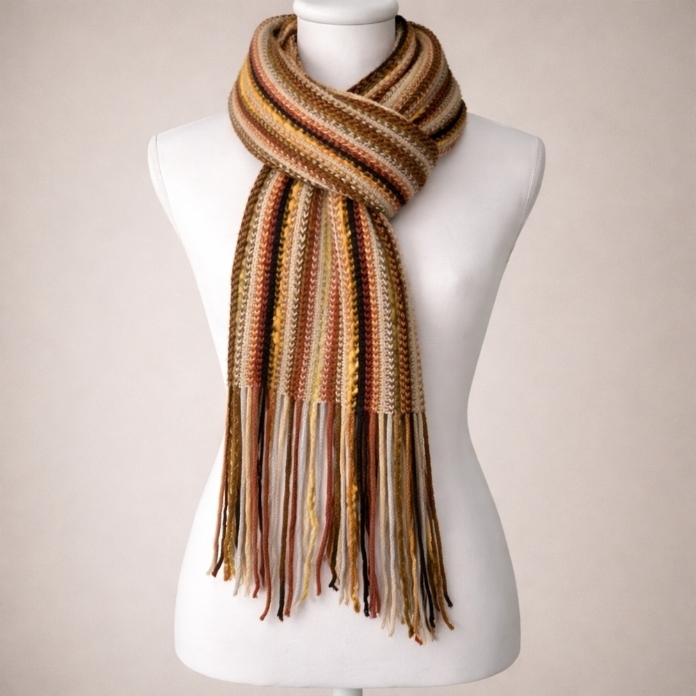 Echo Retro Boho Knit Scarf | Striped Woven Fringe | 60s Flower Child Vibe